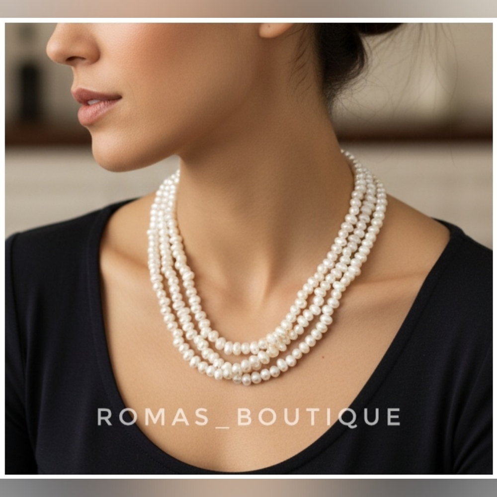 Real Pearl Multistrand 925 Sterling Silver Necklace